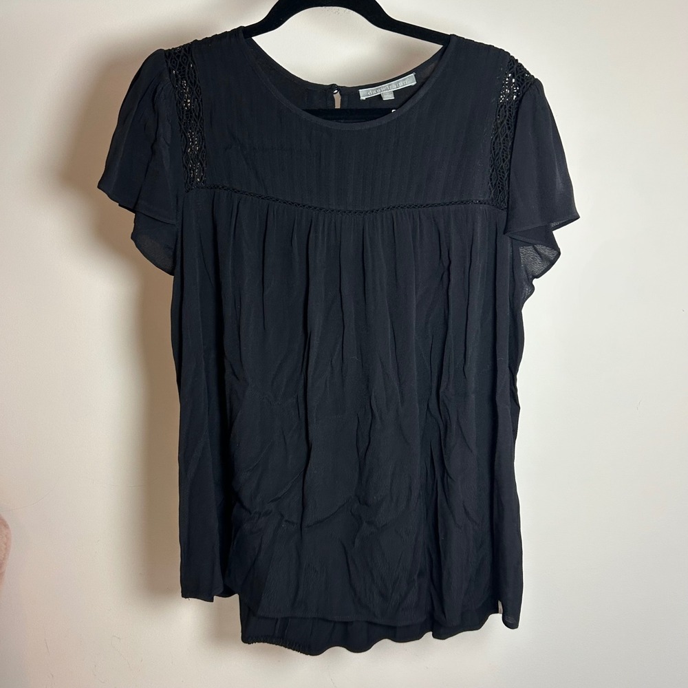 Daniel Rainn Black Lace Trim Flutter Sleeve Blouse Plus Size 1X DX25782RY3‎